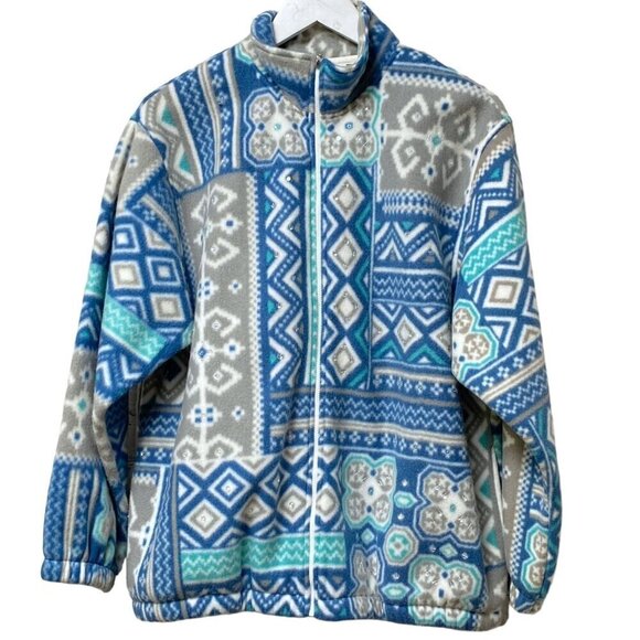 ALFRED DUNNER Fleece Zip Front Jacket Size Small Blue Boho Patchwork - Picture 7 of 8